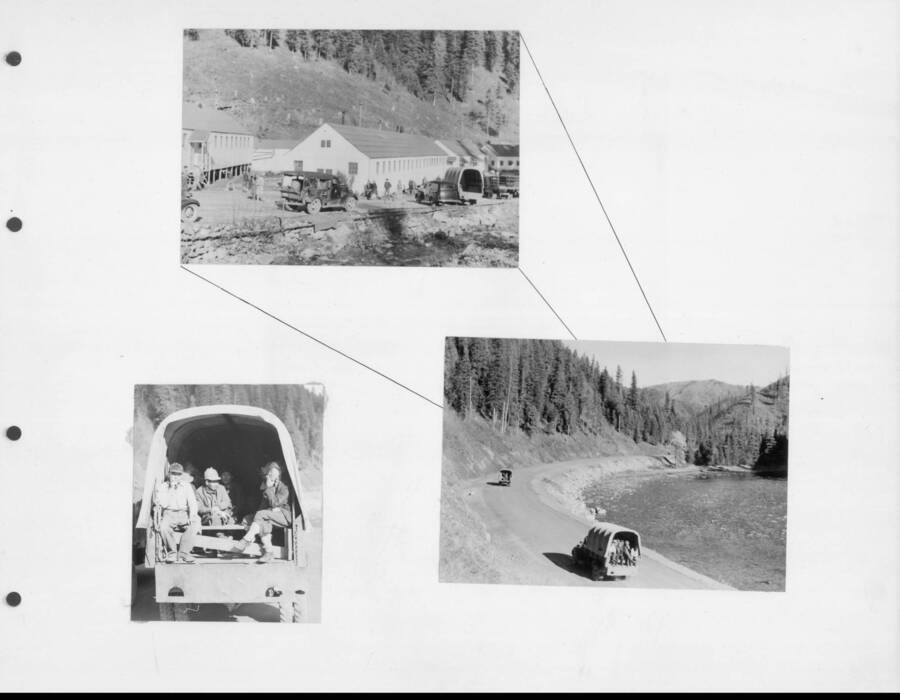 Men were transported in vehicles to the worksites daily. Photo taken from 12-3/4 x 15-1/4 Photograph album of the Kooskia Japanese Internment Camp.