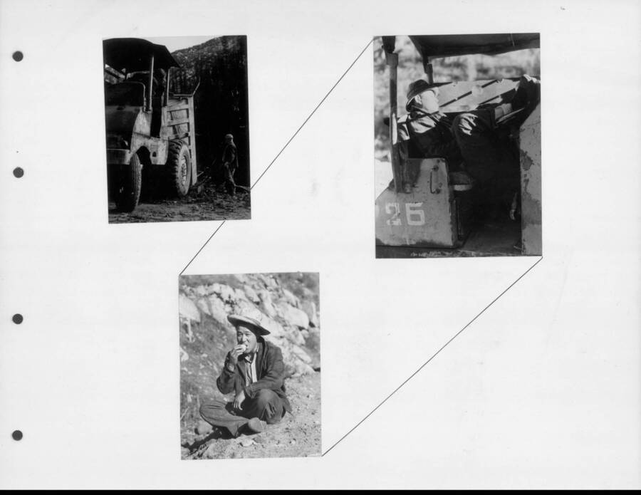 Three photographs showing the interned workers at various construction work projects in the area. Photo taken from 12-3/4 x 15-1/4 Photograph album of the Kooskia Japanese Internment Camp.