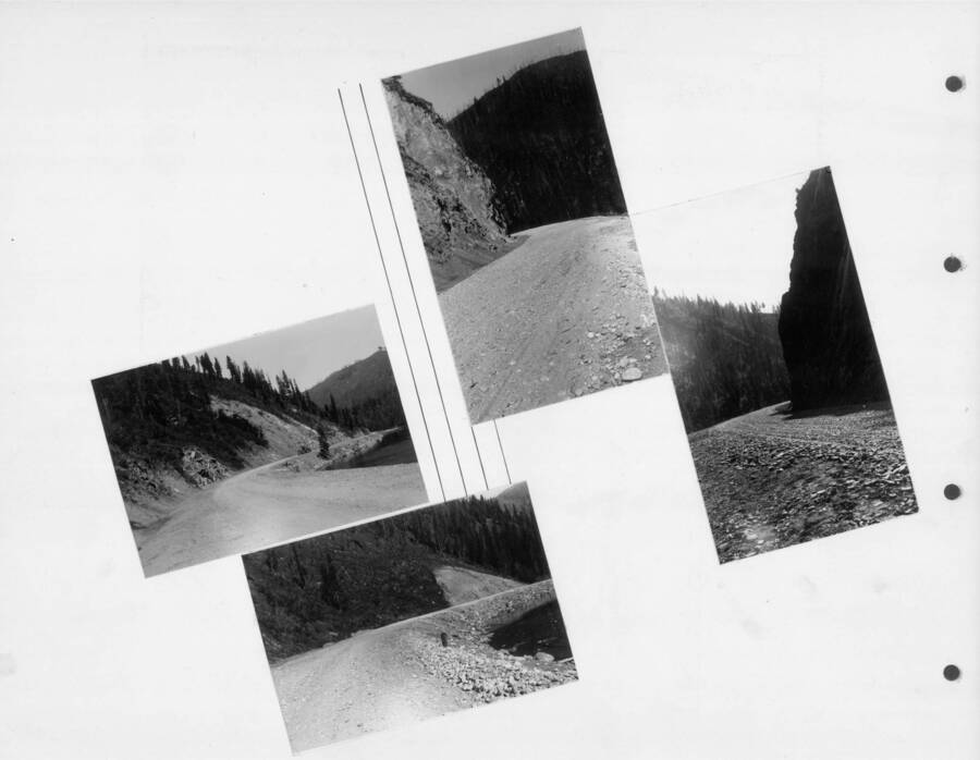 A collection of photographs of the gravel road alongside the Lochsa River near Kooskia Internment Camp. Photo taken from 12-3/4 x 15-1/4 Photograph album of the Kooskia Japanese Internment Camp.