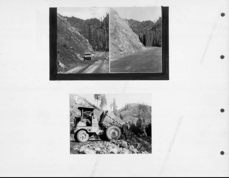 Two road construction photos and a photograph of a dump truck unloading a haul of rocks and debris. Photo taken from 12-3/4 x 15-1/4 Photograph album of the Kooskia Japanese Internment Camp.