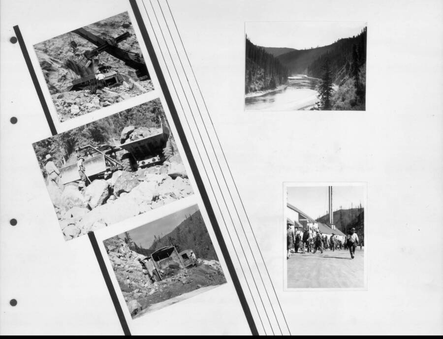 A collection of photographs detailing the construction projects by the Lochsa River. Photo taken from 12-3/4 x 15-1/4 Photograph album of the Kooskia Japanese Internment Camp.