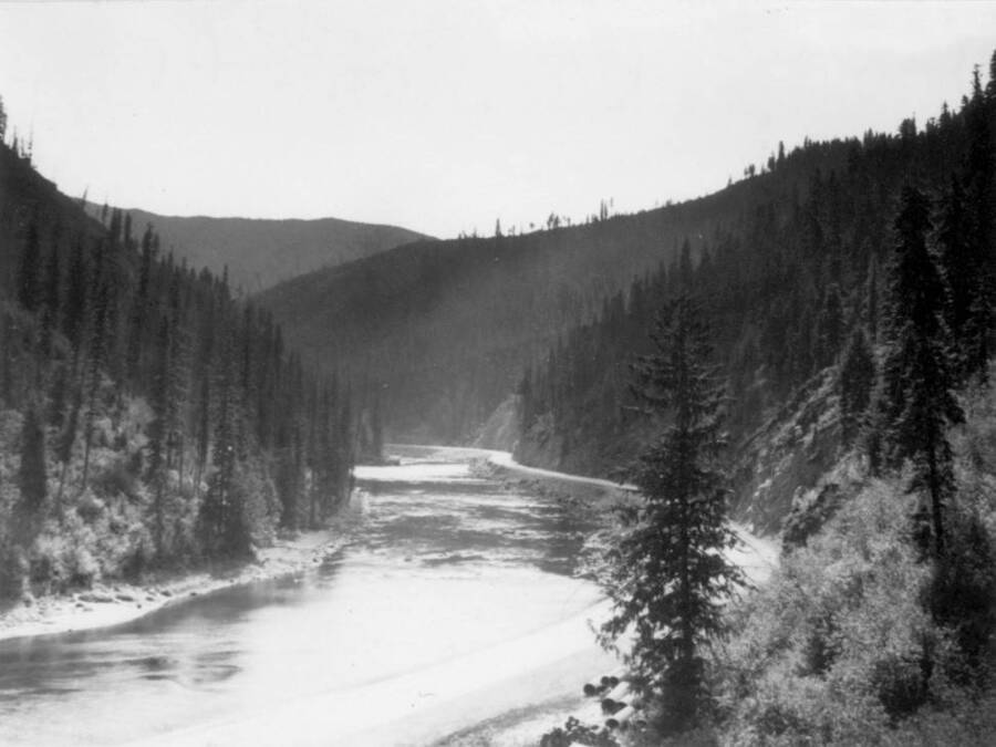 Image of Lochsa Lochsa River landscape by the Kooskia Internment Camp. Photo taken from 12-3/4 x 15-1/4 Photograph album of the Kooskia Japanese Internment Camp.