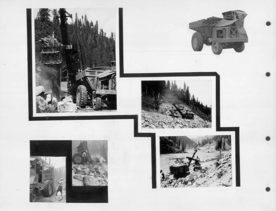 A collection of photographs of the crane and dump truck during construction projects near the Kooskia Internment Camp. Photo taken from 12-3/4 x 15-1/4 Photograph album of the Kooskia Japanese Internment Camp.