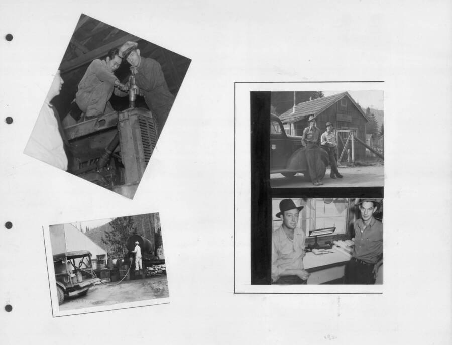 Photographs of men and equipment at the camp. Photo taken from 12-3/4 x 15-1/4 Photograph album of the Kooskia Japanese Internment Camp.