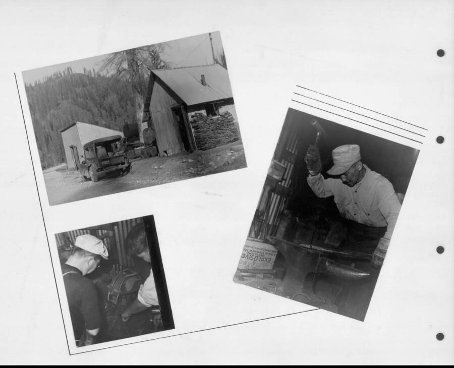 Various photographs showing men and equipment at the camp. Photo taken from 12-3/4 x 15-1/4 Photograph album of the Kooskia Japanese Internment Camp.