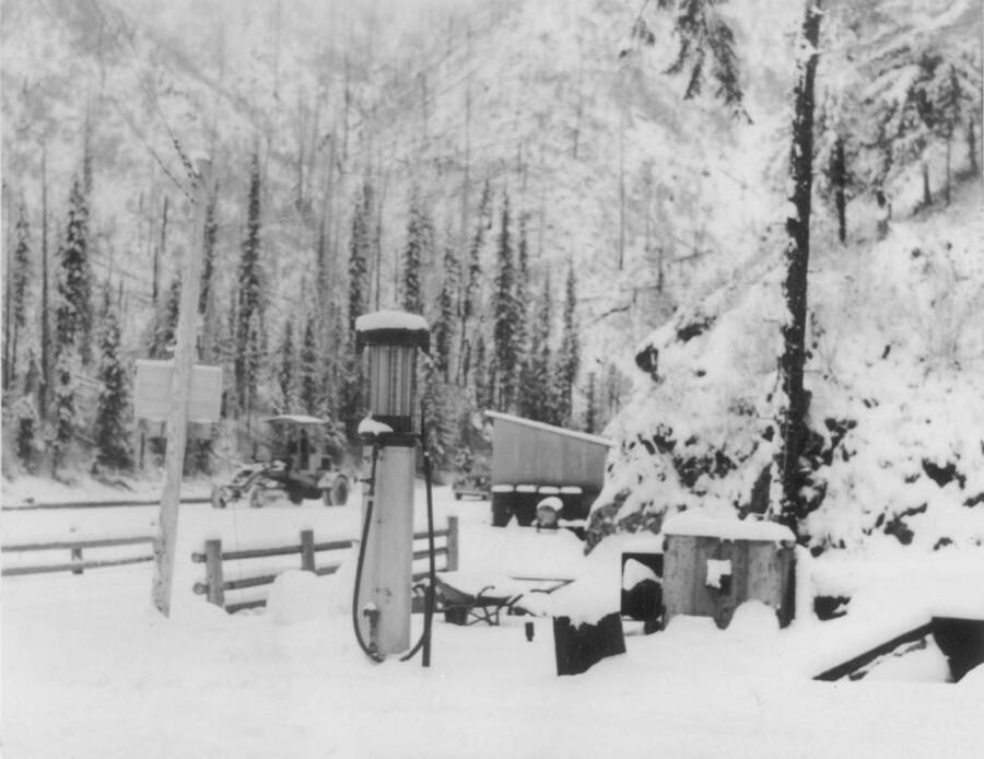 Image of Kooskia Internment Camp scene in the winter. Photo taken from 12-3/4 x 15-1/4 Photograph album of the Kooskia Japanese Internment Camp.