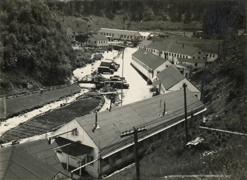 A black and white photograph of buildings at the Kooskia internment camp.
