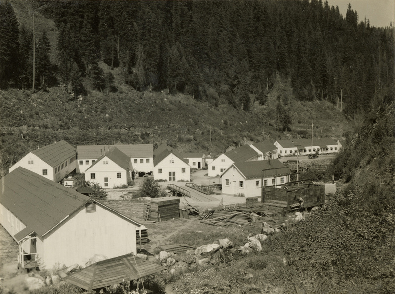 A black and white photograph of buildings at the Kooskia internment camp.