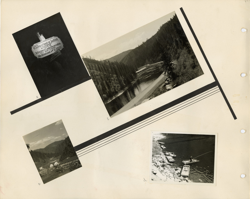 Image of a page of the scrapbook. The page is lightly tinted from age. Includes four photographs.