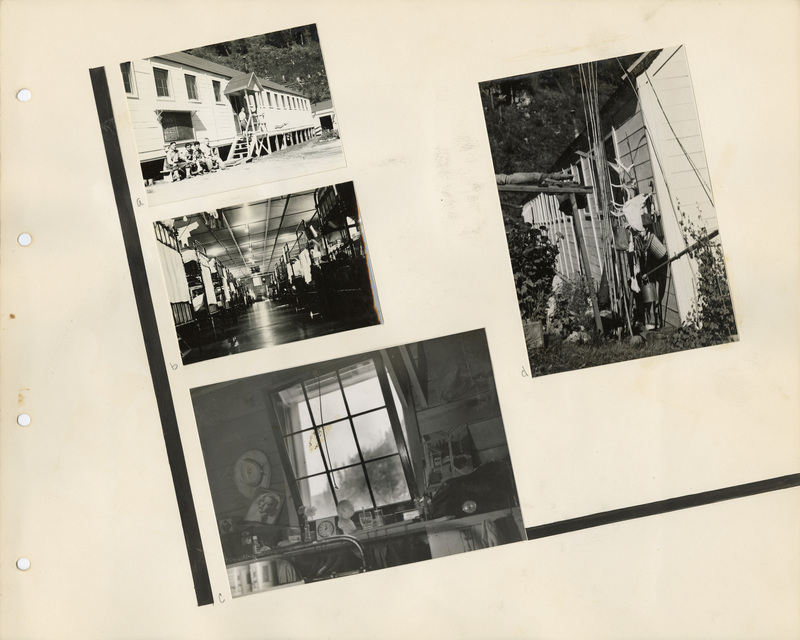 Image of a page from the scrapbook. The page is lightly tinted from age and contains four black and white photos at slight angles.
