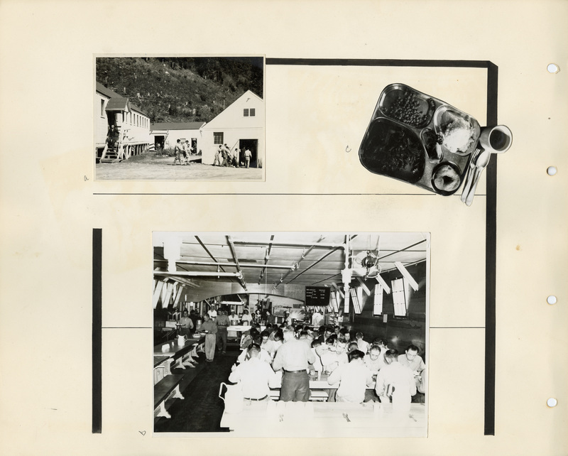 Image of a page from the scrapbook. The page is lightly tinted from age and includes three black and white photographs at various angles.