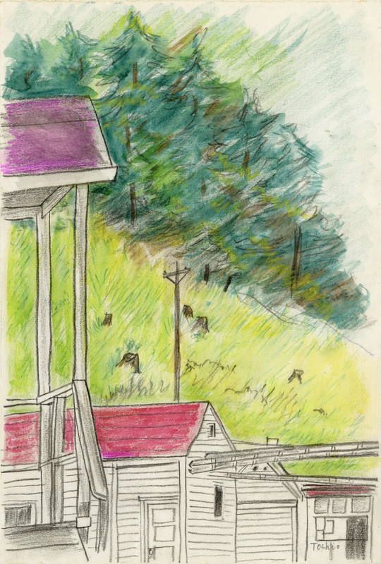 A photo of the hand-drawn picture of a Kooskia scene. The most vibrant colors are dark green for the trees, light green for the grass, and red for the roofs.