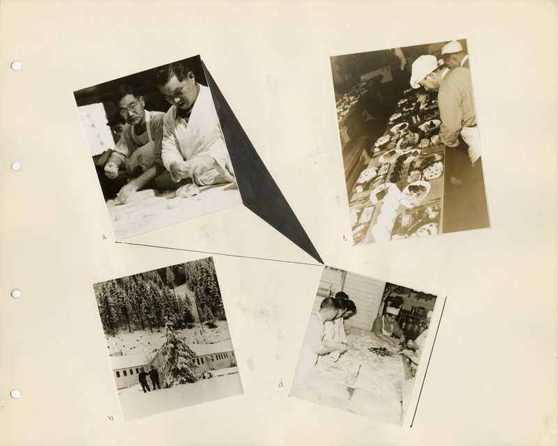 Image of a page from the scrapbook. The page is lightly tinted due to age and contains four black and white photographs at various angles.