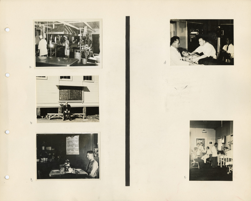 Image of a page from the scrapbook. The page is lightly tinted due to age and contains five black and white photos; three on one side and two on the other.