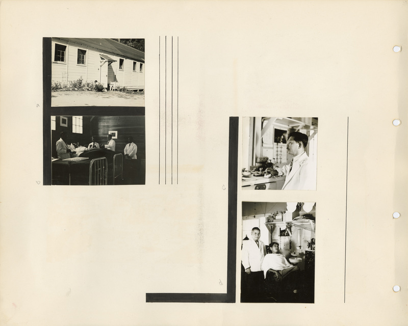 Image of a page from the scrapbook. The page is lightly tinted due to age and contains four black and white photographs at various angles.