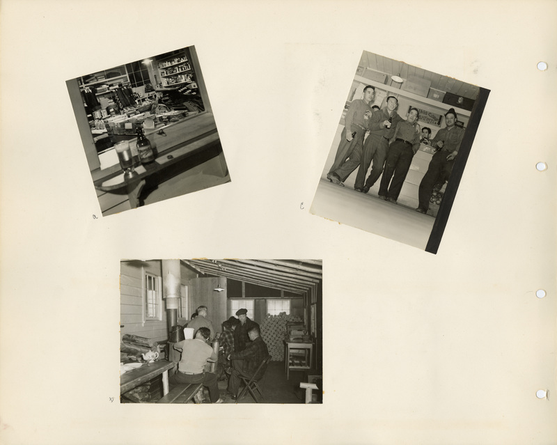 Image of a page from the scrapbook. The page is lightly tinted from age and includes three black and white photographs at various angles.