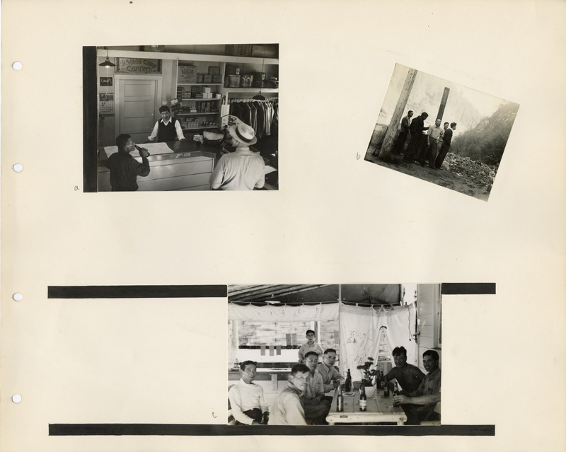 Image of a page from the scrapbook. The page is lightly tinted due to age and includes three black and white photographs at various angles.