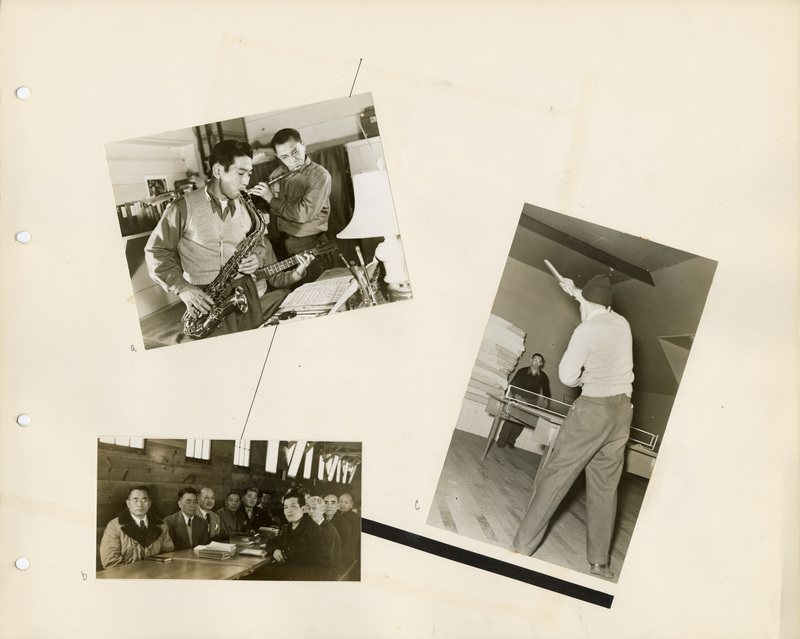 Image of a page from the scrapbook. The page is lightly tinted due to age and includes three black and white photographs at various angles.