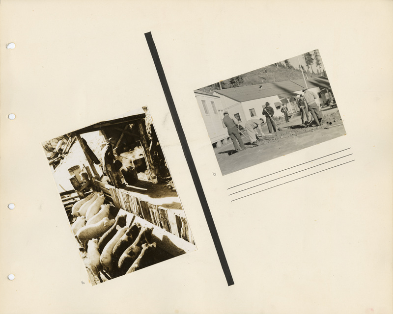 Image of a page from the scrapbook. The page is lightly tinted due to age and includes two black and white photographs at slanted angles.