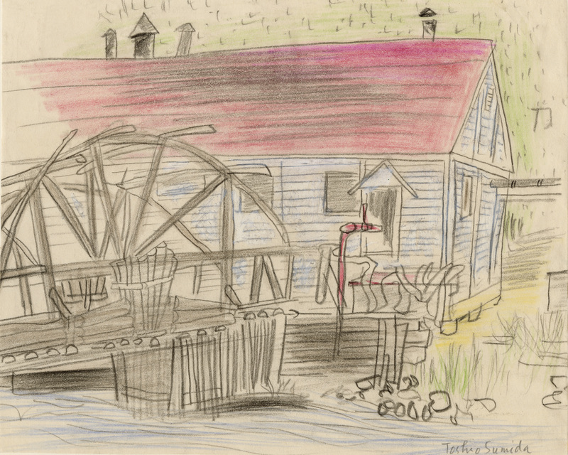 A hand drawn picture of a building and bridge at Kooskia. The roof of the building is red and there is a bridge on the left.