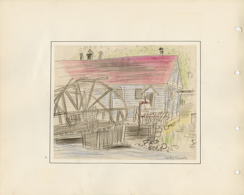 Image of a page from the scrapbook. The page is lightly tinted due to age and includes a colored drawing by an internee.