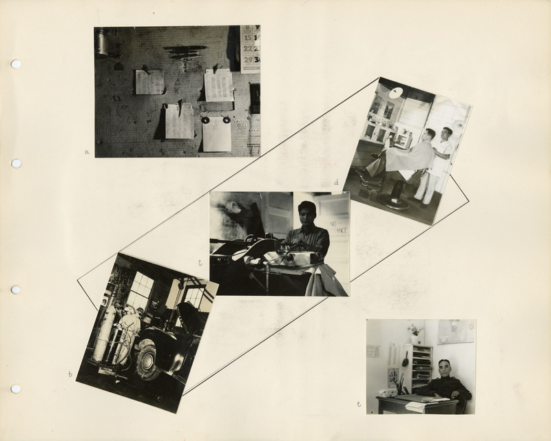 Image of a page from the scrapbook. The page is lightly tinted due to age and includes five black and white photographs at various angles.