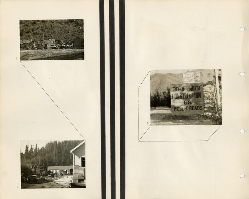 Image of a page from the scrapbook. The page is lightly tinted due to age and has three bold and black vertical lines down the center. The page includes three black and white photographs.