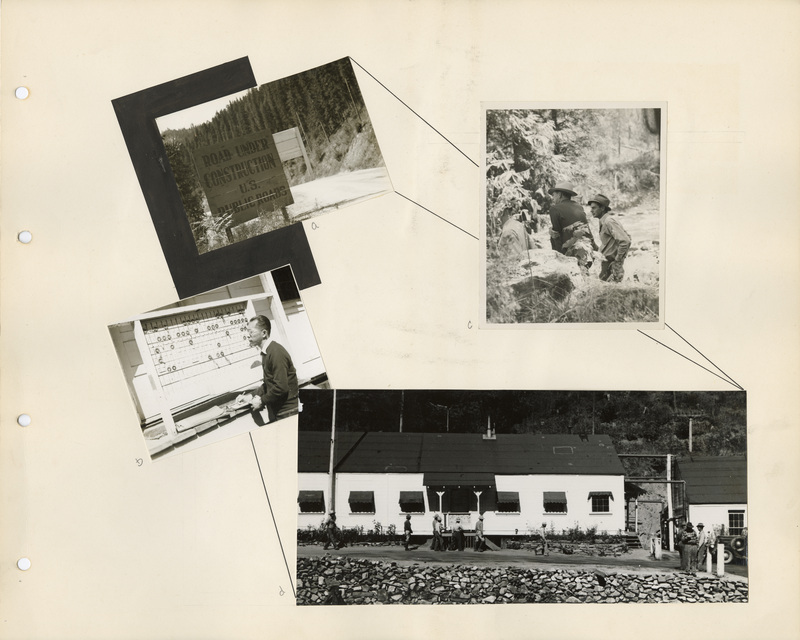 Image of a page from the scrapbook. The page is lightly tinted due to age and includes four black and white photos at various angles and accents.