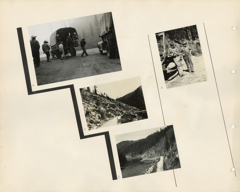 Image of a page from the scrapbook. The page is lightly tinted due to age and includes four black and white photos at various angles and accents.