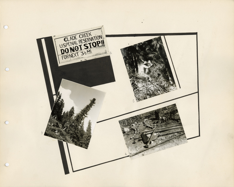 Image of a page from the scrapbook. The page is lightly tinted due to age and includes four black and white photos at various angles and accents.