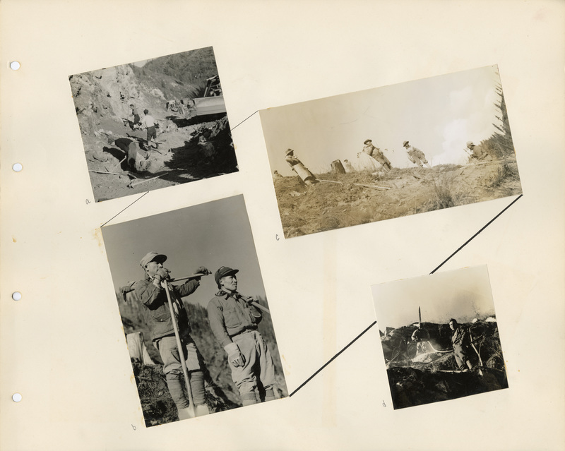 Image of a page from the scrapbook. The page is lightly tinted due to age and includes four black and white photos at various angles and accents.