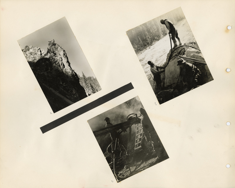 Image of a page from the scrapbook. The page is lightly tinted due to age and includes three black and white photographs at various angles.