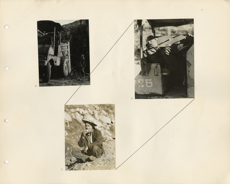 Image of a page from the scrapbook. The page is lightly tinted due to age and includes three black and white photographs.