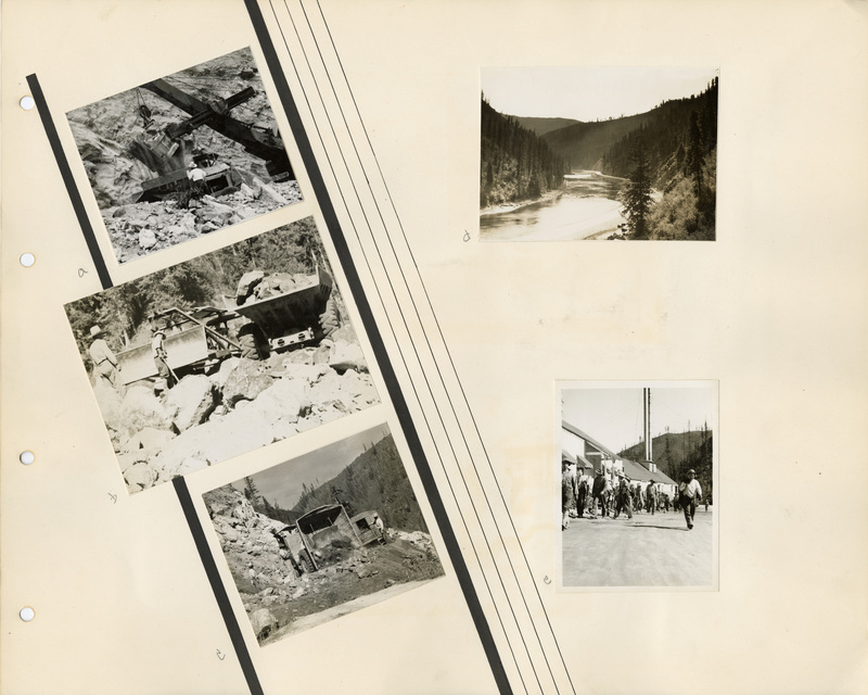 Image of a page from the scrapbook. The page is lightly tinted due to age and includes five black and white photographs at various angles.