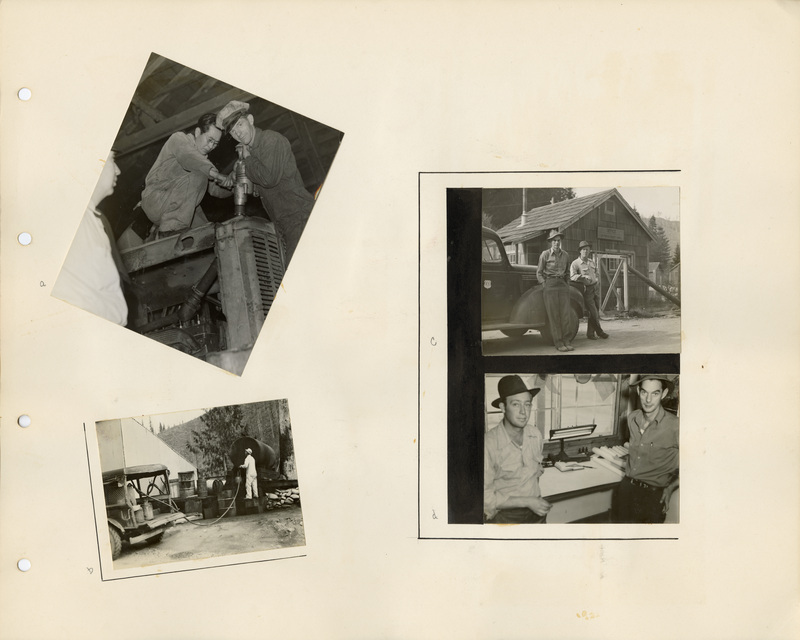 Image of a page from the scrapbook. The page is lightly tinted from age and includes four black and white photographs at various angles.