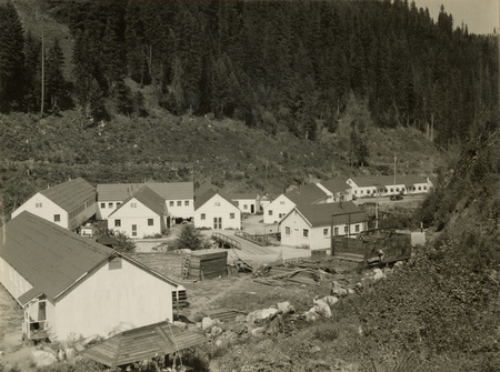 A black and white photograph of buildings at the Kooskia internment camp.