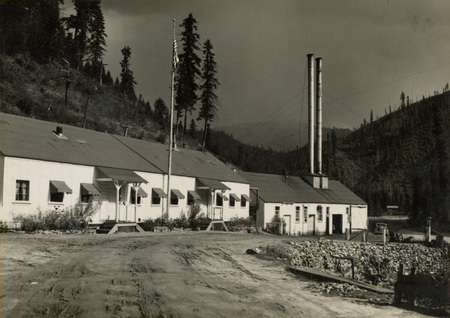 A black and white photograph of buildings at the Kooskia internment camp.