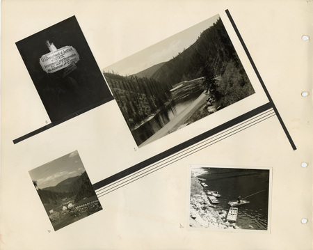 Image of a page of the scrapbook. The page is lightly tinted from age. Includes four photographs.