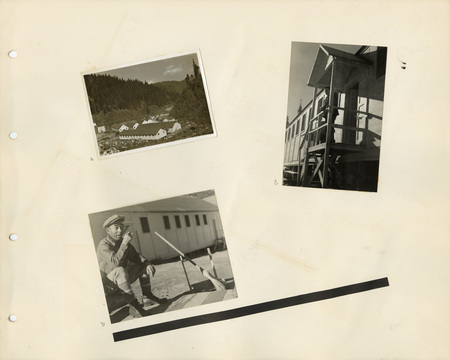 Image of a page from the scrapbook. The page is lightly tinted from age and contains three black and white photos at slight angles.