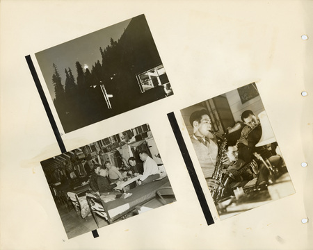Image of a page from the scrapbook. The page is lightly tinted from age and contains three black and white photos at slight angles.