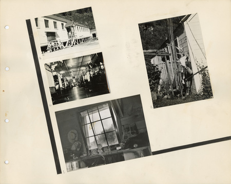 Image of a page from the scrapbook. The page is lightly tinted from age and contains four black and white photos at slight angles.