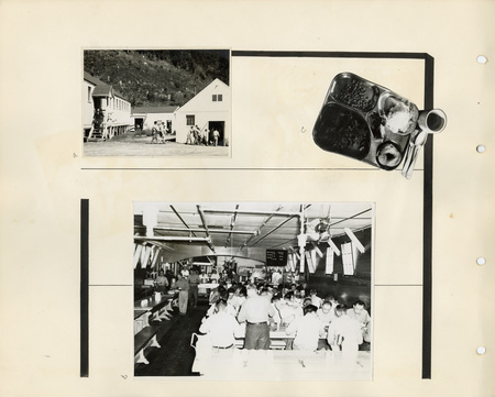 Image of a page from the scrapbook. The page is lightly tinted from age and includes three black and white photographs at various angles.