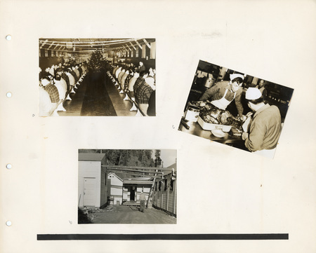 Image of a page from the scrapbook. The page is lightly tinted due to the age and includes three black and white photographs at various angles.