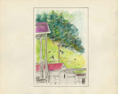 Image of a page from the scrapbook. The page is lightly tinted due to age and contains a colored drawing.