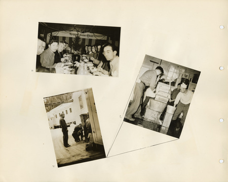 Image of a page from the scrapbook. The page is lightly tinted due to the age and includes three black and white photographs at various angles.