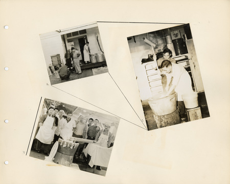 Image of a page from the scrapbook. The page is lightly tinted due to the age and includes three black and white photographs at various angles.