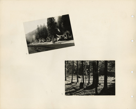 Image of a page from the scrapbook. The page is lightly tinted due to age and contains two black and white photos.