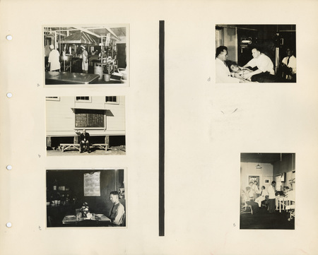 Image of a page from the scrapbook. The page is lightly tinted due to age and contains five black and white photos; three on one side and two on the other.