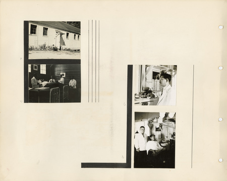 Image of a page from the scrapbook. The page is lightly tinted due to age and contains four black and white photographs at various angles.