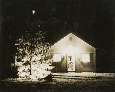 A black and white photograph of a building and a pine tree with lights at night.